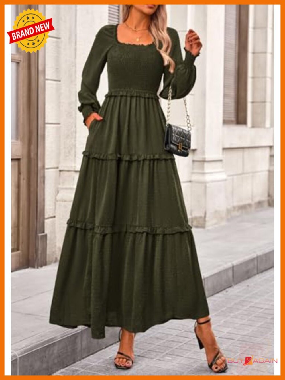 Smocked Long Sleeve Maxi Dress with Pockets Swiss Dot Ruffle - Picture 3 of 6